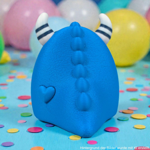 3D-gedrucktes Mutmachmonster mit großen Augen, kleinen Hörnern und freundlichem Gesicht